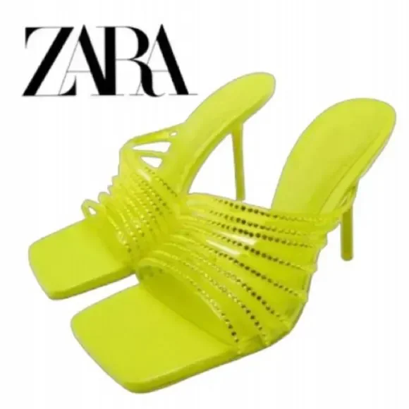 Zara Vinyl Lime Green Rhinestone Squared Toe High Heels Sandals Shoes - Picture 1 of 14